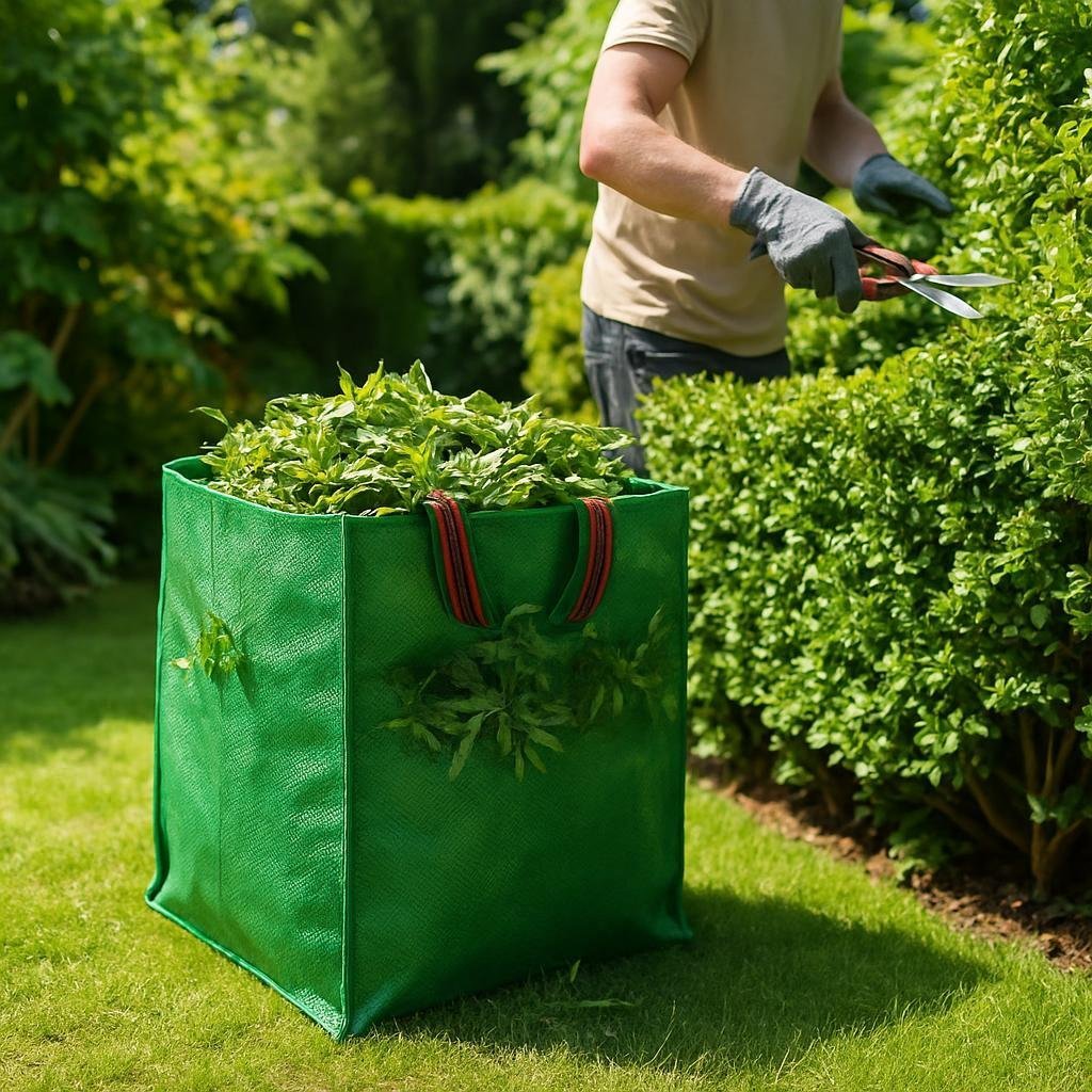 15240371831171_lifestyle_scene1_1750335495 Lifestyle image: A green polypropylen affaldssæk filled with garden clippings, placed beside a gardener in gloves tri...
