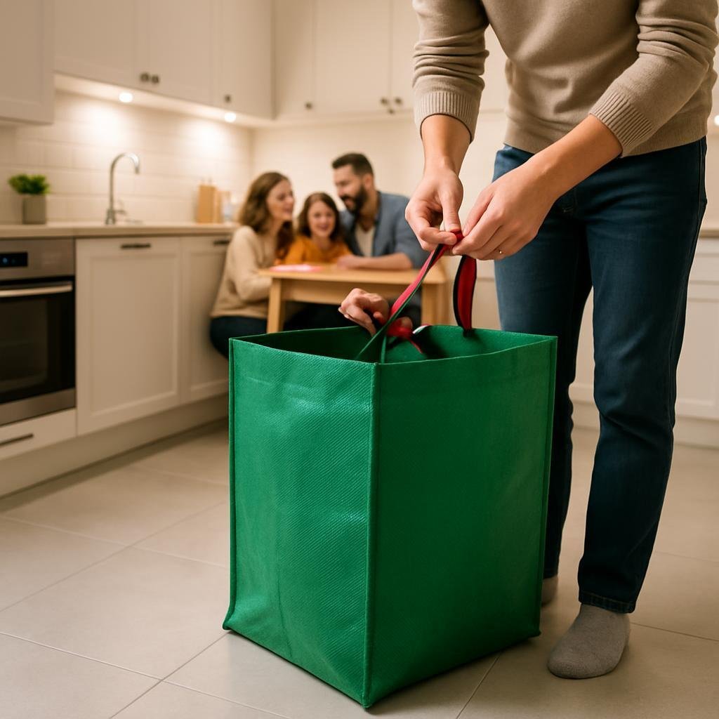 15240371831171_lifestyle_scene2_1750335528 Lifestyle image: Affaldssæk in a modern kitchen, a parent tying the red handles after cleaning up post-dinner, soft o...