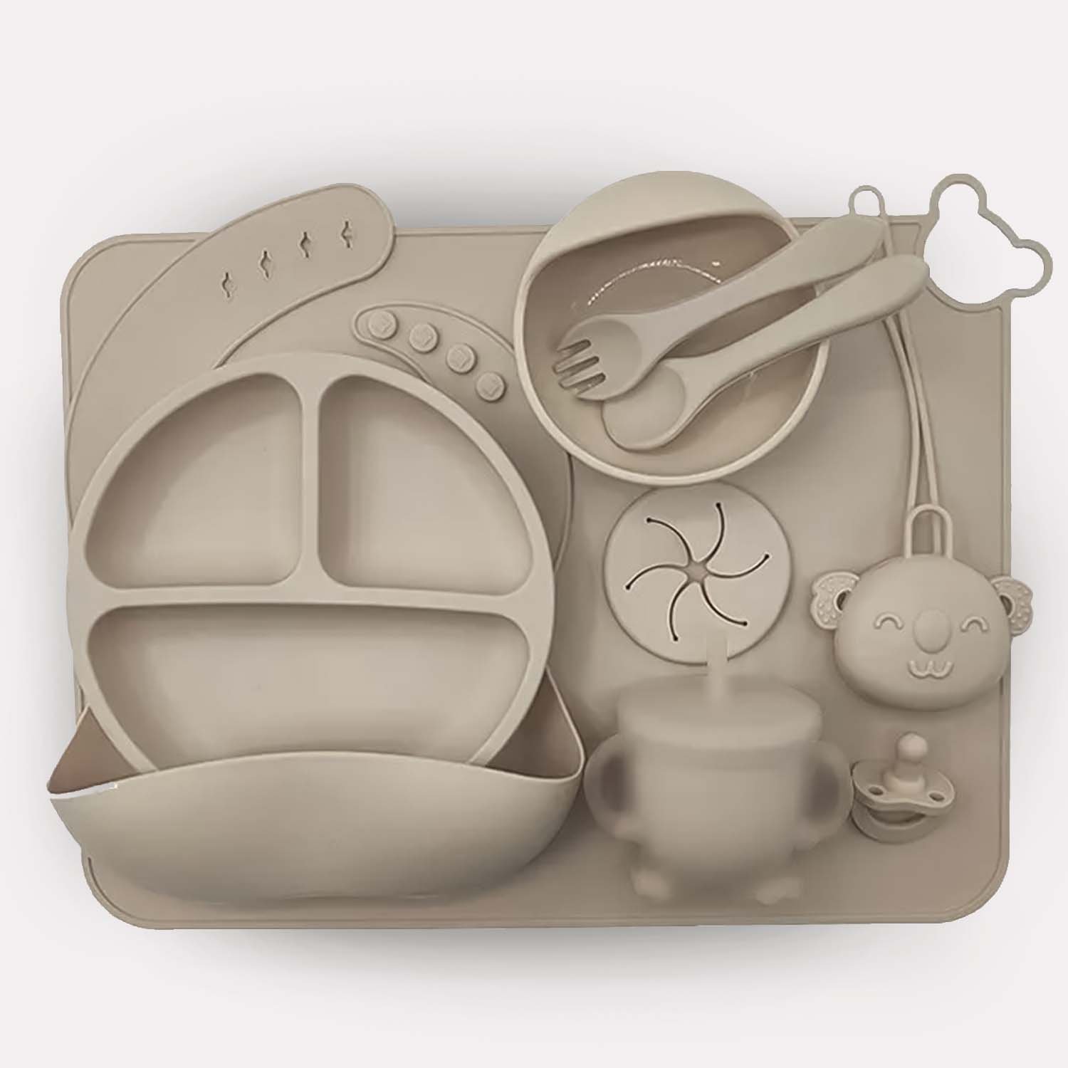 Vaisselle Bébé Silicone avec Ventouse Anti-Renversement Beige Sécurité Pratique