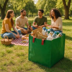 Affaldssække – Holdbare, Høj Kvalitet, Grøn Farve, Polypropylen Materiale, Praktiske til Husholdningsaffald. The durable green waste bag sits at the corner of a lively picnic area, holding various recycled materials, with a group of friends enjoying a sunny day at the park.