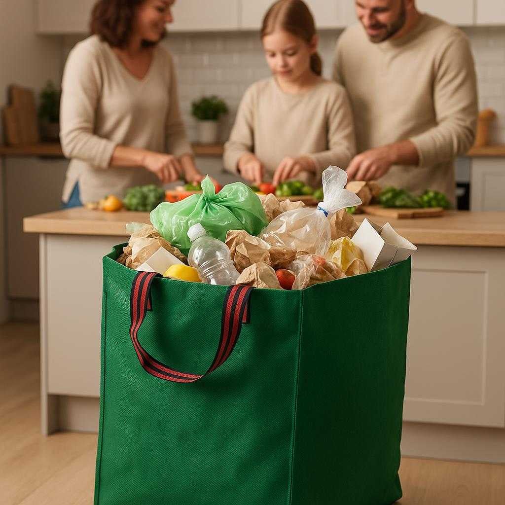 affaldsskke-holdbare-hj-kvalitet-grn-farve-polypropylen-materiale-praktiske-til-husholdningsaffald-the-green-polypropylene-waste-bag_15240371831171_scene1 Affaldssække – Holdbare, Høj Kvalitet, Grøn Farve, Polypropylen Materiale, Praktiske til Husholdningsaffald. The green polypropylene waste bag, filled with household garbage, stands by a kitchen counter with a family preparing dinner in the background.