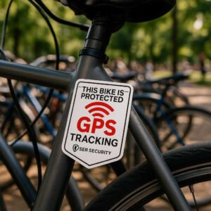 Avanceret GPS Cykelmærkat til Professionel Beskyttelse og Sikkerhed - Høj Kvalitet Design. A close-up of the professional GPS bike sticker on a bicycle parked at a crowded bike rack, conveying a sense of security and deterrence in a busy urban park.