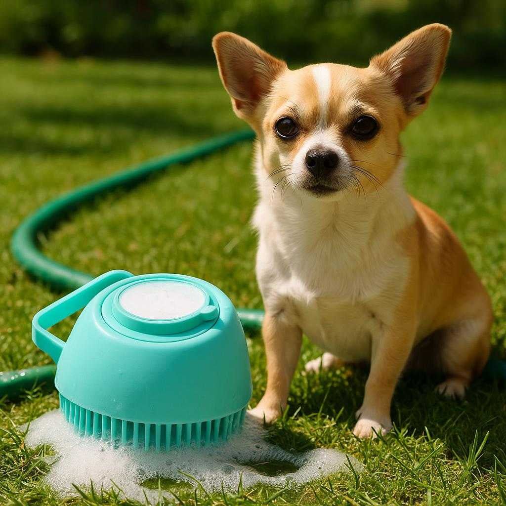 badebrste-til-hunde-effektiv-pleje-og-rensning-m_15061924118915_scene2 Badebørste Til Hunde - Effektiv Pleje og Rensning Med Shampoo Dispenser: A different realistic outdoor garden setting where the product is securely positioned on a grass surface, naturally placed beside a small dog.