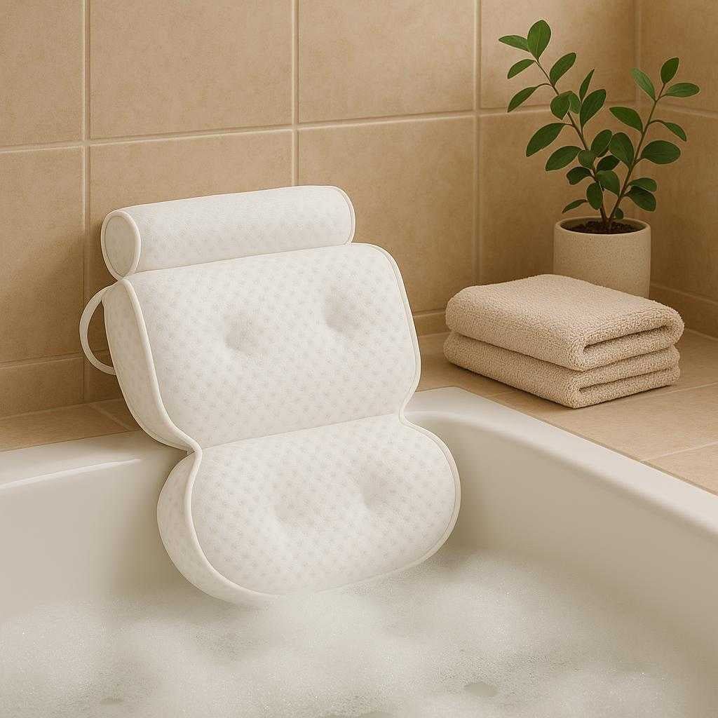 badehynde-med-sugekopper-til-ergonomisk-komfort-og-stabilitet-i-badekar-a-cozy-bathroom-scene-where_15240351908227_scene2 Badehynde med sugekopper til Ergonomisk Komfort og Stabilitet i Badekar. A cozy bathroom scene where the ergonomic bath pillow is showcased on the edge of a tub filled with bubbles, next to a folded towel and a small plant.