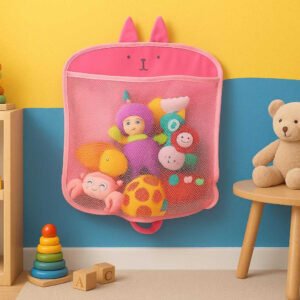 Badeværelses netpose til legetøj og tilbehør - Praktisk og rummelig opbevaring i lyserød, grå og blå: A different realistic child’s playroom setting where the product is securely positioned on a brightly colored wall panel, used for storing various toys, with proper physics and shadows, and integrated naturally into a playful, lively environment, conveying tidiness and organization.