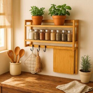 Bambus køkkenhylde med dobbelt hylde og integreret skærebræt - Praktisk og elegant opbevaringsløsning. A cozy kitchen setting, where the bamboo kitchen shelf with double shelves and integrated cutting board is mounted on the wall above a rustic, wooden counter. It's being used to store neatly arranged spices, with small potted herbs adding vibrant green tones. Warm, natural lighting streams in from a window, casting gentle shadows that enhance the bamboo texture, highlighting its elegance and functionality.