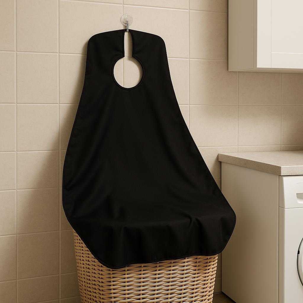 barberingsforklde-med-sugekopper-til-effektiv-hrfa_15061927133571_scene2 Barberingsforklæde med Sugekopper til Effektiv Hårfangst - Høj Kvalitet og Nem Oprydning: A different realistic home setting in a laundry room, where the barbering cape is neatly hung up on a hook using its suction cups after use.