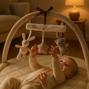 Barnevognsuro med Hæklede Dyr - Beroligende og Høj Kvalitet til Babyer: A different realistic setting in a cozy living room corner, where the baby mobile is attached to a playmat arch.