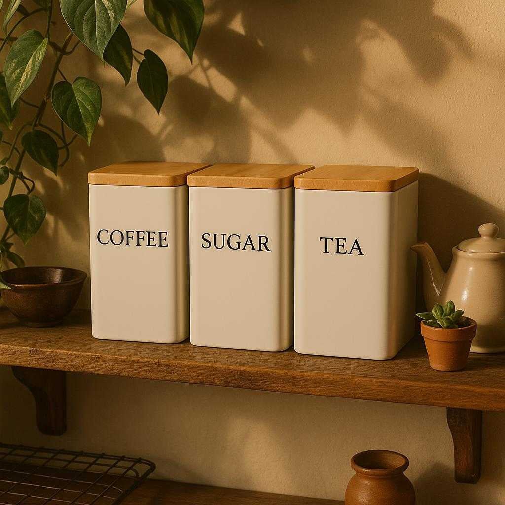 beholdere-til-kaffe-te-og-sukker-med-hvidt-og-sort-design-hj-kvalitet-og-trlg-in-a-cozy-kitchen-setting_15247013478787_scene2 Beholdere til kaffe, te og sukker med hvidt og sort design – Høj Kvalitet og Trælåg. In a cozy kitchen setting, the elegant coffee, tea, and sugar holders with wooden lids are displayed on a rustic wooden shelf, surrounded by plants and vintage kitchenware, casting soft shadows.