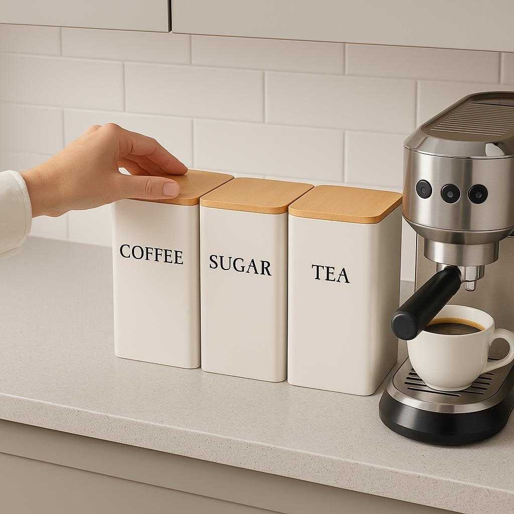 beholdere-til-kaffe-te-og-sukker-med-hvidt-og-sort-design-hj-kvalitet-og-trlg-the-high-quality-white-and-black_15247013478787_scene1 Beholdere til kaffe, te og sukker med hvidt og sort design – Høj Kvalitet og Trælåg. The high-quality white and black designed coffee, tea, and sugar holders are neatly arranged on a modern kitchen countertop, with a hand reaching to open the sugar holder for a fresh cup of coffee being prepared beside a stylish espresso machine.