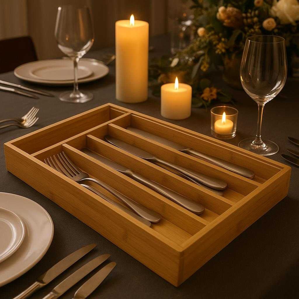 bestikbakke-i-bambus-moderne-og-bredygtig-opbevaring-til-dit-kkken-the-cutlery-tray-serves-as_15235916104067_scene2 Bestikbakke i Bambus: Moderne og Bæredygtig Opbevaring til dit Køkken. The cutlery tray serves as the centerpiece on a stylish dining table, elegantly organizing silverware for a lavish dinner party, with ambient candles and tasteful decor setting the scene for an unforgettable evening.
