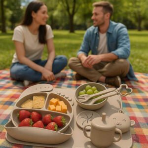 Børneservice i Silikone - Professionelt Spisesæt med Sugekop, Bestik og Bidering i Beige: A different realistic outdoor picnic setting where the silicone set is securely positioned on a colorful picnic blanket in a park.