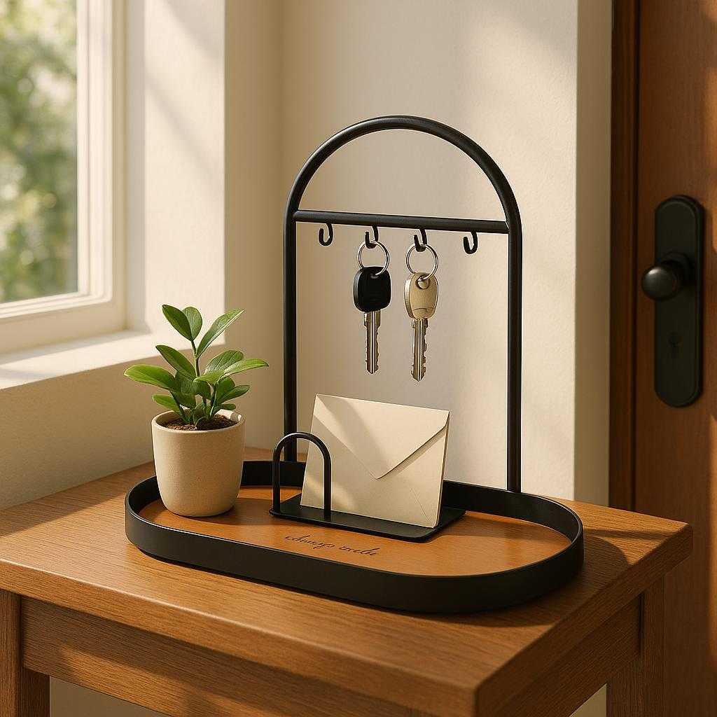 ngleholder-med-bakke-i-sort-metallisk-finish-ele_15251593068931_scene1 Nøgleholder med Bakke i Sort Metallisk Finish - Elegant Organizer til Entré eller Kontor, Moderne Design: A realistic hallway entrance setting where the Nøgleholder med Bakke i Sort Metallisk Finish is properly grounded on a wooden console table near the entrance door.