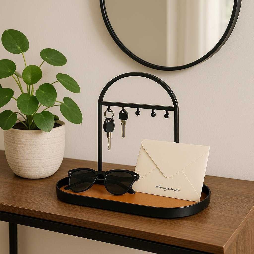 ngleholder-med-bakke-i-sort-metallisk-finish-elegant-organizer-til-entr-eller-kontor-moderne-design-placed-on-a-chic-entryway_15251593068931_scene2 Nøgleholder med Bakke i Sort Metallisk Finish - Elegant Organizer til Entré eller Kontor, Moderne Design. Placed on a chic entryway console table, the black metallic key holder with tray holds sunglasses and mail, complemented by a decorative plant and a wall mirror reflecting soft daylight.