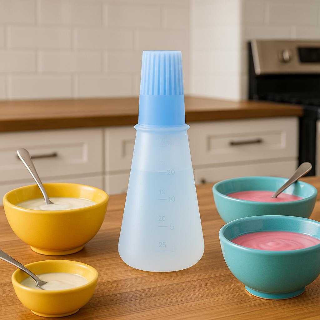 professionel-bagepensel-med-beholder-i-grn-bl-lyserd-orange-rd-avanceret-kkkenredskab-the-advanced-kitchen-tool-sits_15245414203779_scene2 Professionel Bagepensel med Beholder i Grøn, Blå, Lyserød, Orange, Rød – Avanceret Køkkenredskab. The advanced kitchen tool sits on a wooden countertop next to colorful bowls of glaze, showcasing its versatility in a polished, modern kitchen.