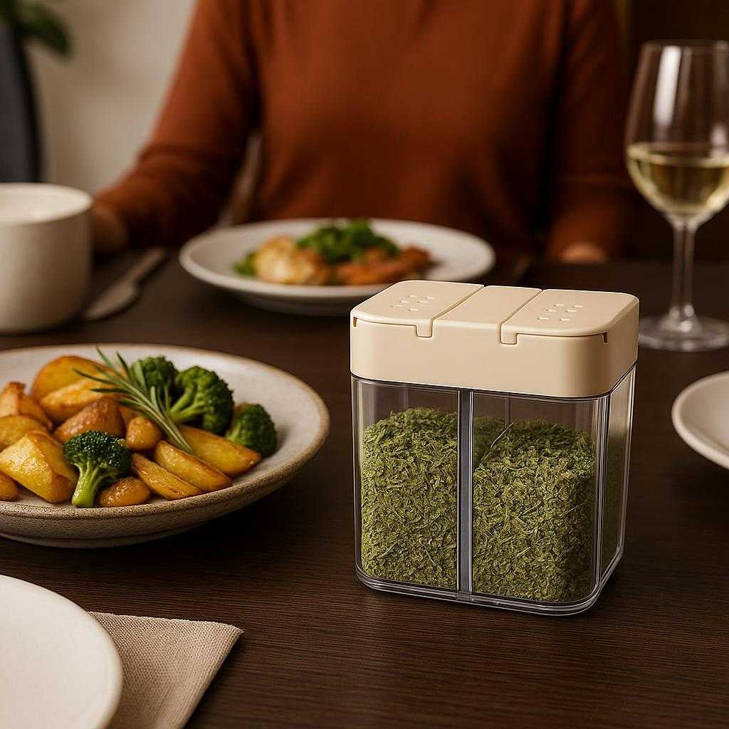 professionel-krydderibtte-med-dobbelt-lg-transparent-beholder-og-hj-kvalitet-the-high-quality-spice-container-is_15251698680195_scene2 Professionel Krydderibøtte med Dobbelt Låg, Transparent Beholder og Høj Kvalitet. The high-quality spice container is displayed on a modern dining table, elegantly filled with herbs and positioned next to a rustic culinary centerpiece at a family dinner setting.