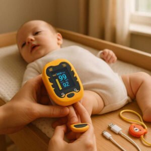 Pulsmåler til Baby med Alarm - Høj Kvalitet og Avanceret Overvågning for Sikkerhed: A realistic nursery setting where the product is properly grounded on a wooden changing table, being actively used by a parent's hands to monitor a baby's oxygen levels.