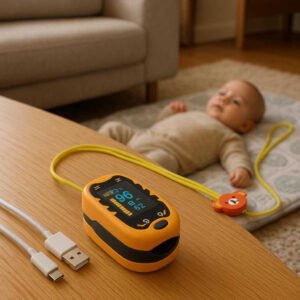 Pulsmåler til Baby med Alarm - Høj Kvalitet og Avanceret Overvågning for Sikkerhed: A different realistic living room environment where the product is securely positioned on a coffee table, with a baby laying comfortably on a playmat nearby.