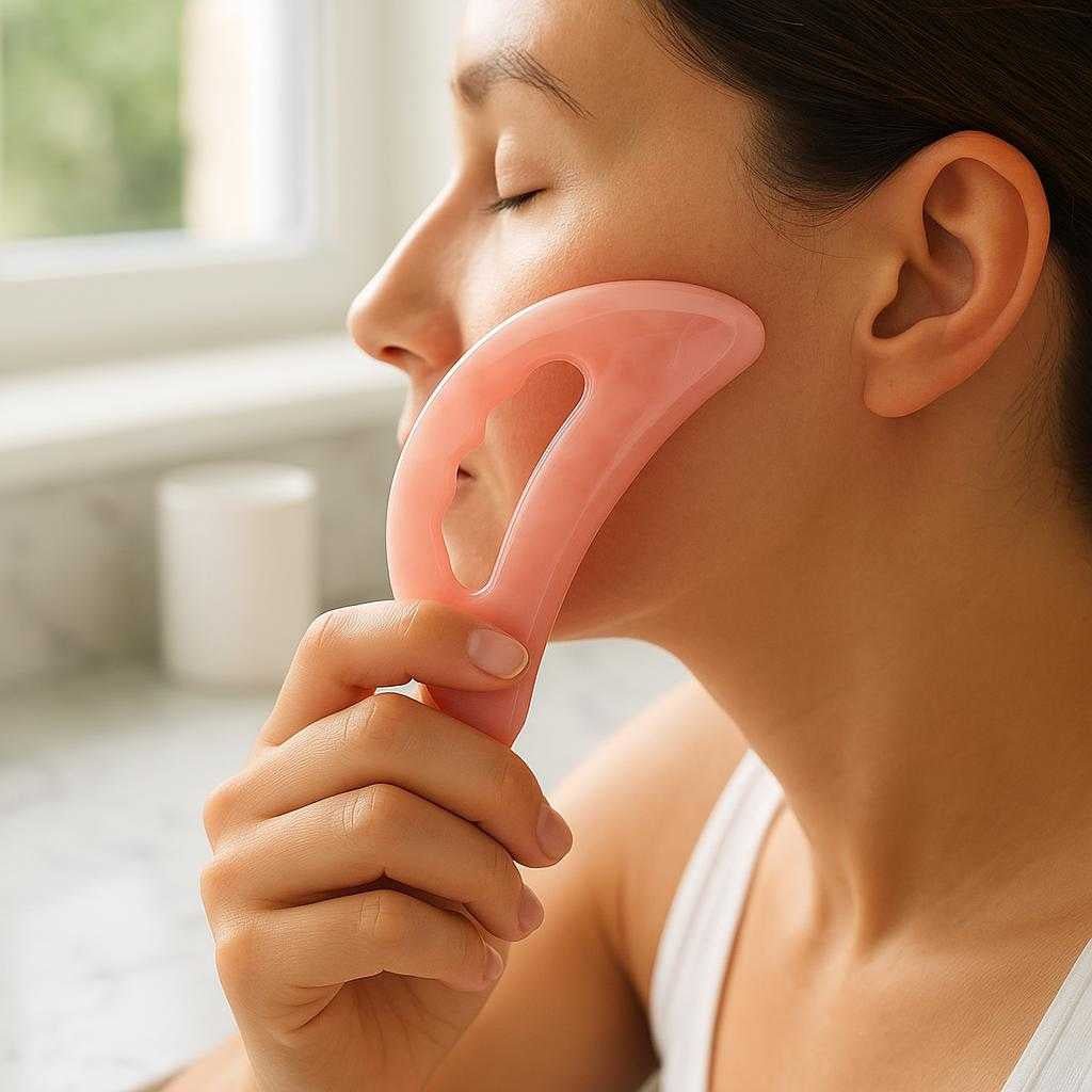 sten-til-ansigtsmassage-og-hudpleje-gua-sha-i-ro_15061935358339_scene1 Sten til ansigtsmassage og hudpleje - Gua Sha i rosakvarts forbedrer blodcirkulation og reducerer hævelser: A realistic bathroom setting where the product is properly grounded on a marble countertop, being actively used by someone's hands to gently massage their face.