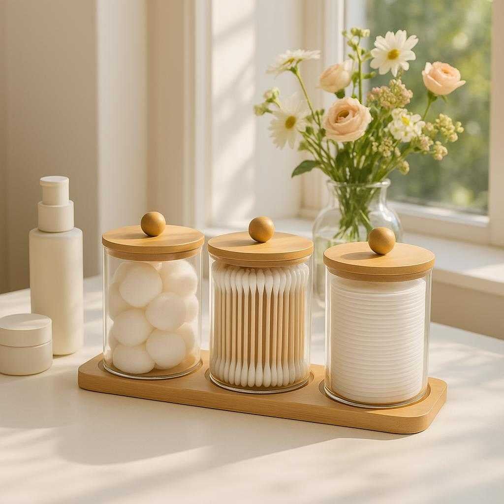 vatpindeholdere-i-glas-med-bambuslg-og-bakke-hj-kvalitet-3-delt-st-a-bright-sunlit-vanity-table_15247753478531_scene2 Vatpindeholdere i Glas med Bambuslåg og Bakke – Høj Kvalitet 3-delt Sæt. A bright, sunlit vanity table holds the glass cotton holder set filled with cotton balls and swabs, accompanied by minimalist skincare products and a vase of fresh flowers, creating an organized and inviting beauty corner.