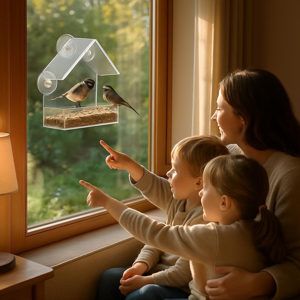 15234075525507_lifestyle_scene1_1750349398 Lifestyle image: A cozy living room with large windows overlooking a lush garden. The transparent bird feeder is secu...