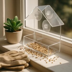 Lifestyle image: A close-up, flat lay composition on a sunlit windowsill, featuring the transparent bird feeder surro...