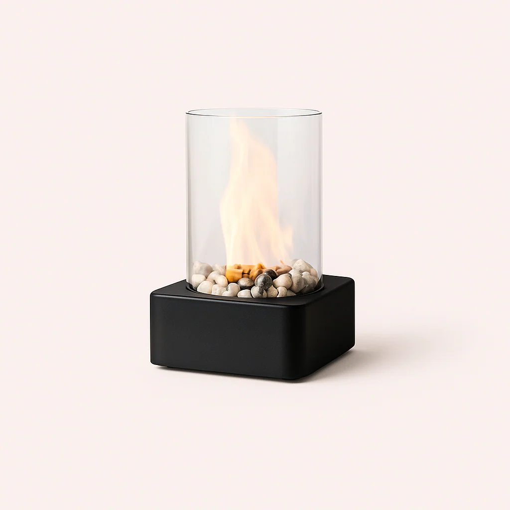 Cheminée de Table Moderne avec Verre et Métal pour Ambiance Chaleureuse