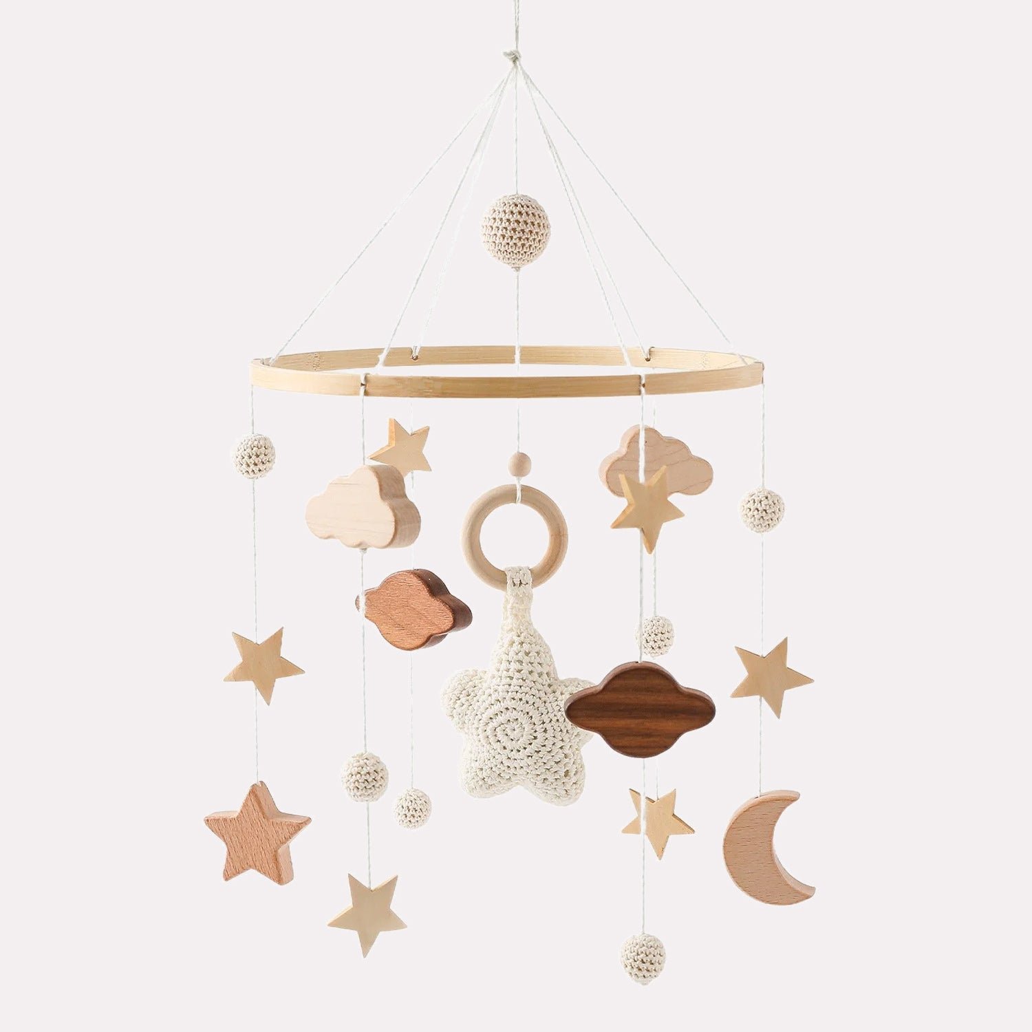 Mobile Bébé Bois avec Étoiles et Couleurs Naturelles pour Moments Calmes