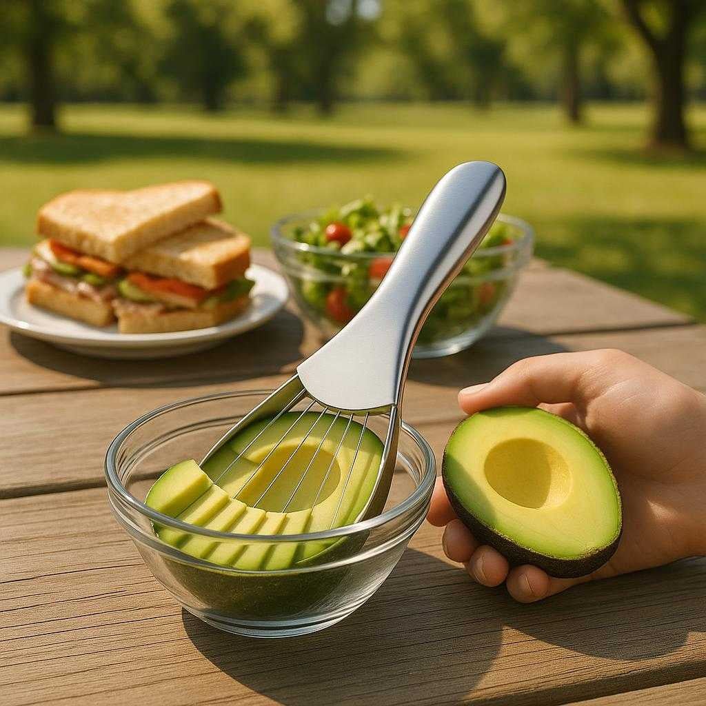 avocado-skrer-i-rustfrit-stl-og-plastik-hurtig-s_15383804477827_scene2 avocado Skærer i Rustfrit Stål og Plastik - Hurtig Skæring, 1 stk: A different realistic picnic table setting in a park where the avocado slicer is securely positioned on a portable picnic surface, being showcased alongside an array of picnic food items like sandwiches and salads.