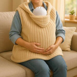 Baby sjal i fleecejakke og polyester med strikket tekstur, varme og komfort - 5061-39 Khaki | Lodret Mønster Bamse Sjal: A realistic cozy living room setting where the baby carrier wrap is properly grounded on a comfortable couch, being actively used by a parent sitting with the baby securely inside.