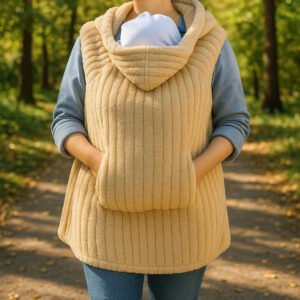 Baby sjal i fleecejakke og polyester med strikket tekstur, varme og komfort - 5061-39 Khaki | Lodret Mønster Bamse Sjal: A different realistic outdoor park setting where the baby carrier wrap is securely positioned on a parent walking along a leafy path, with the baby snugly placed inside.