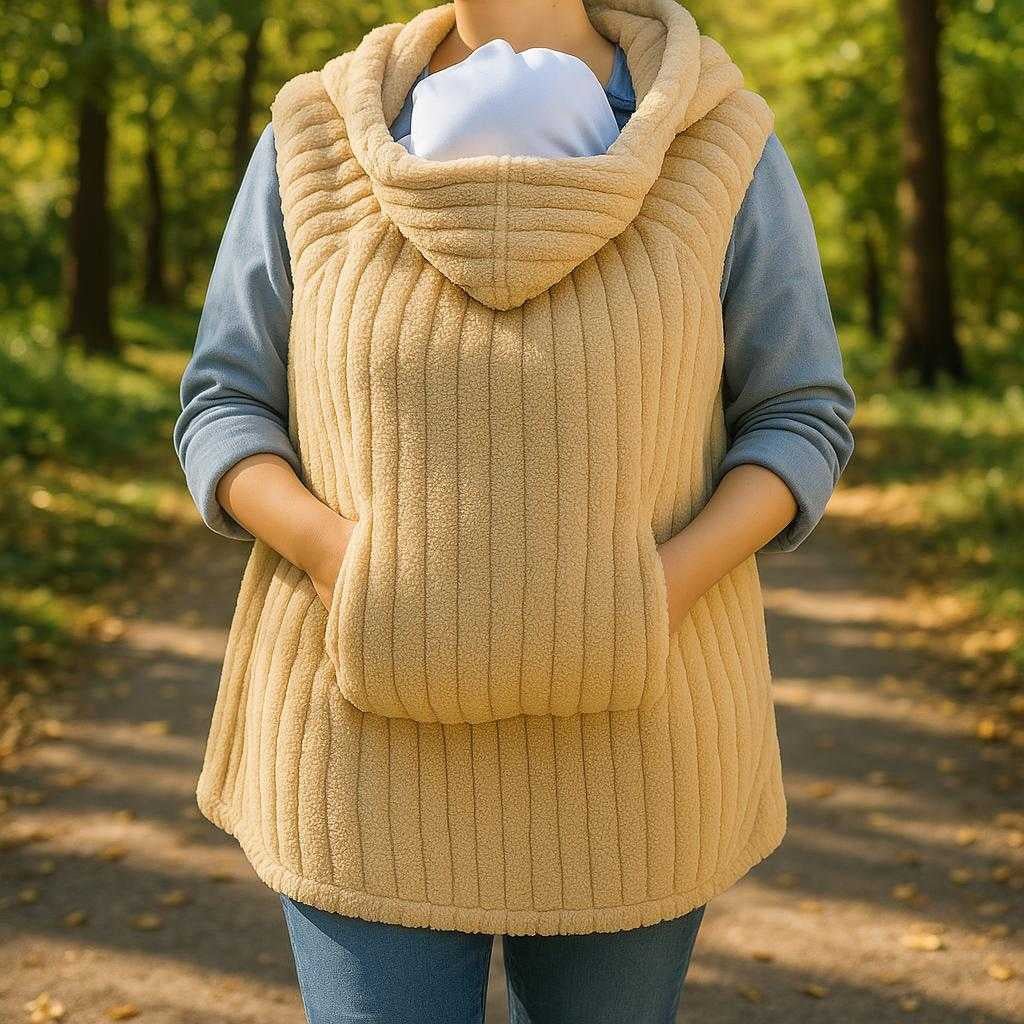 baby-sjal-i-fleecejakke-og-polyester-med-strikket_15378301419907_scene2 Baby sjal i fleecejakke og polyester med strikket tekstur, varme og komfort - 5061-39 Khaki | Lodret Mønster Bamse Sjal: A different realistic outdoor park setting where the baby carrier wrap is securely positioned on a parent walking along a leafy path, with the baby snugly placed inside.