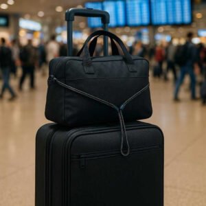 Bagagestrop med Kroge - Høj Kvalitet Justerbar Elastisk Til Cykel og Bagage - Sort Design. In a busy airport, the black elastic strap firmly holds an extra bag on top of a rolling suitcase, with a background of travelers and flight information screens.