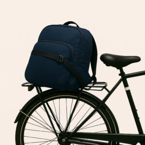 Enhanced Enhanced Bagagestrop med Kroge - Høj Kvalitet Justerbar Elastisk Til Cykel og Bagage - Sort Design. The adjustable black elastic strap with hooks secures a backpack tightly to a bicycle rack, as the bike is parked outside a bustling urban cafe on a sunny day.