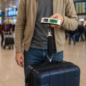 Bagagevægt med digitalt LCD-display - Præcis og letvægts design i sort og sølv. A bustling airport terminal setting, where the digital luggage scale is accurately integrated, being used by a traveler. The traveler is lifting a suitcase with the scale, its digital display clearly showing the weight. Ambient airport noises can be imagined, with luggage carts and flight information screens in the background, enhancing the realism and travel context.