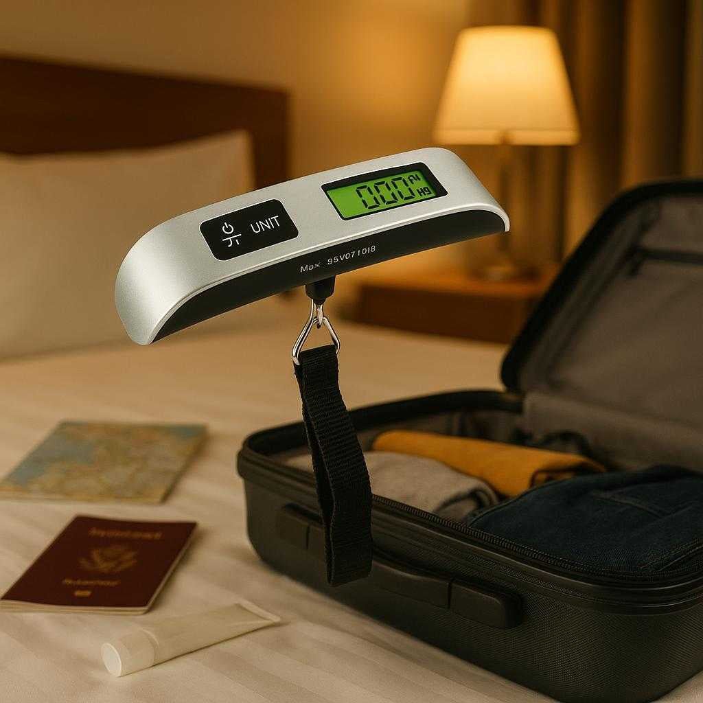 bagagevgt-med-digitalt-lcd-display-prcis-og-letvgts-design-i-sort-og-slv-a-cozy-hotel-room-environment_15234040037763_scene2 Bagagevægt med digitalt LCD-display - Præcis og letvægts design i sort og sølv. A cozy hotel room environment, where the luggage scale is accurately integrated, being adjusted next to an open suitcase on a neatly made bed. The soft ambient lighting of the room highlights the black and silver design of the scale. Travel essentials such as a passport, map, and toiletries are scattered around, reinforcing the idea of meticulous travel preparations.