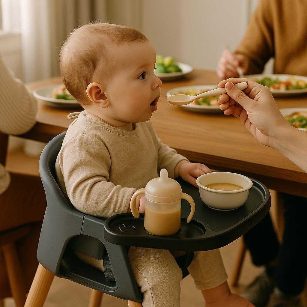 barnevognsbakke-i-sort-plast-praktisk-og-moderne-design-med-nem-rengring-the-product-is-elegantly-installed_15235817472387_scene2 Barnevognsbakke i sort plast - Praktisk og moderne design med nem rengøring. The product is elegantly installed on a stylish high chair indoors, showcasing its practicality by holding a baby’s feeding essentials during a lively family lunch.