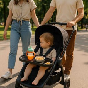 Barnevognsbakke i sort plast - Praktisk og moderne design med nem rengøring. The product is securely attached to a sleek stroller in a bustling park, holding a toddler’s snacks and drink as parents enjoy a carefree walk with their child.