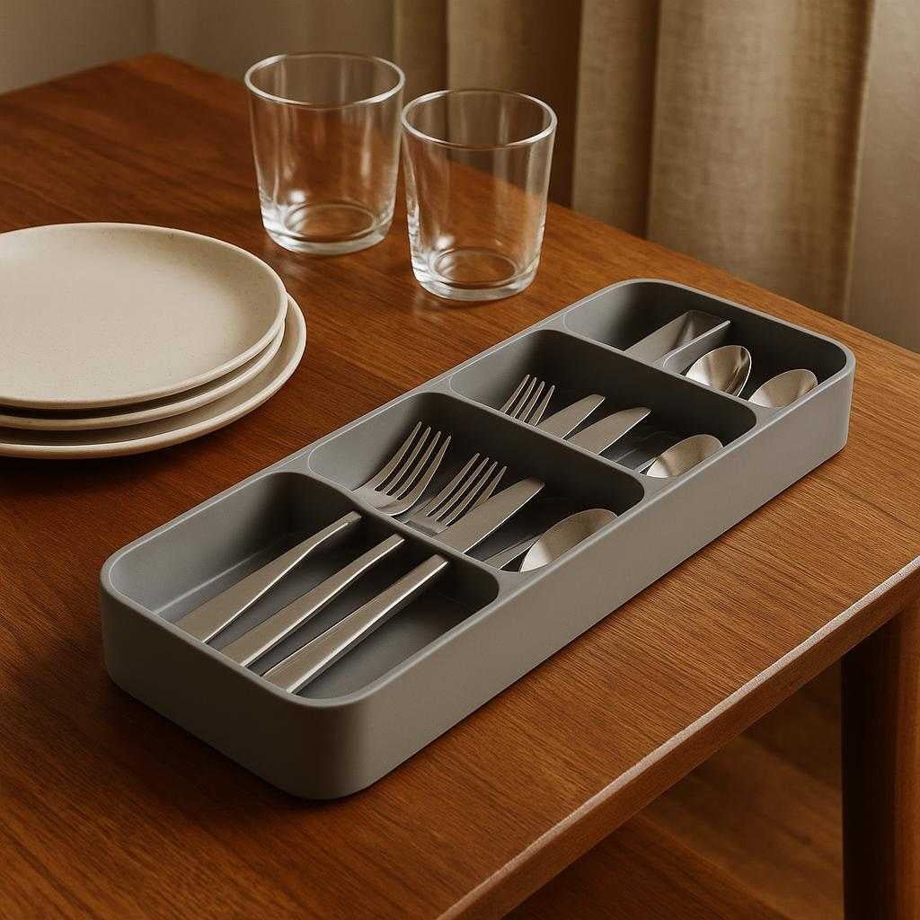 bestikbakke-i-justerbar-bambus-optimal-organiser_15205790515587_scene2 Bestikbakke i justerbar bambus - Optimal organisering af bestik og køkkenredskaber: A different realistic dining table setting where the bamboo adjustable cutlery tray is securely positioned on a wooden table, naturally placed beside a set of clean plates and glasses, ready for a dinner setup.