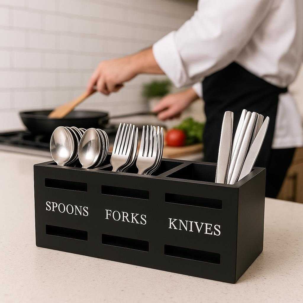 bestikholder-i-sort-tr-med-3-rum-professionel-organisering-til-kkkenet-the-sleek-black-wooden-cutlery_15247740010883_scene1 Bestikholder i Sort Træ med 3 Rum – Professionel Organisering til Køkkenet. The sleek black wooden cutlery holder sits organized on a bustling kitchen countertop, filled with stainless steel spoons, forks, and knives as a chef prepares a meal nearby.