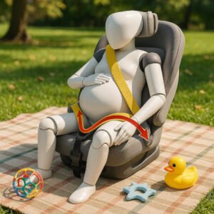 Bil sikkerhedssele positioner - Sort, Sort rundhovedet delfin - Stof, Plastik, Metal - Øget sikkerhed, Komfort, Nem installation: A different realistic scenario in a family-friendly outdoor setting, where the child car seat is securely positioned on a picnic blanket.