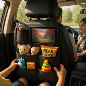 Bilsædeopbevaring i Sort Læderlook med Rektangulære Rum, Justerbare Stropper og Holdbar Design: A realistic car interior setting where the product is properly grounded on the back of a driver's seat, being actively used by a family during a road trip.