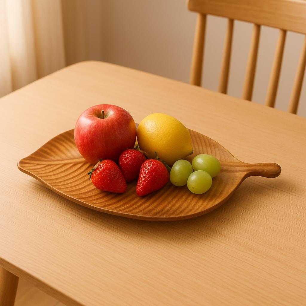 bladformet-trfad-i-naturtr-elegant-og-funktionel-dekoration-til-moderne-hjem-the-elegant-leaf-shaped-wooden-tray_15251598606723_scene1 Bladformet træfad i naturtræ - Elegant og Funktionel Dekoration til Moderne Hjem. The elegant leaf-shaped wooden tray is displayed on a minimalist dining table, artfully holding an assortment of colorful fruits, with soft natural lighting enhancing its wooden texture.
