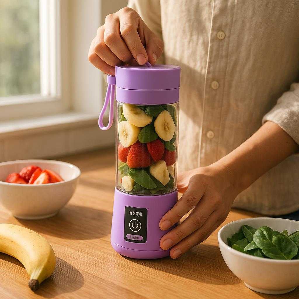 blender-bedst-i-test-kompakt-mini-blender-til-sm_15061921792387_scene1 Blender bedst i test - Kompakt Mini Blender til Smoothies og Milkshakes i Lilla, Pink, Grøn og Blå - Bærbar og Effektiv: A realistic kitchen setting where the purple compact mini blender is properly grounded on a wooden countertop, being actively used by a person to blend a fresh smoothie.