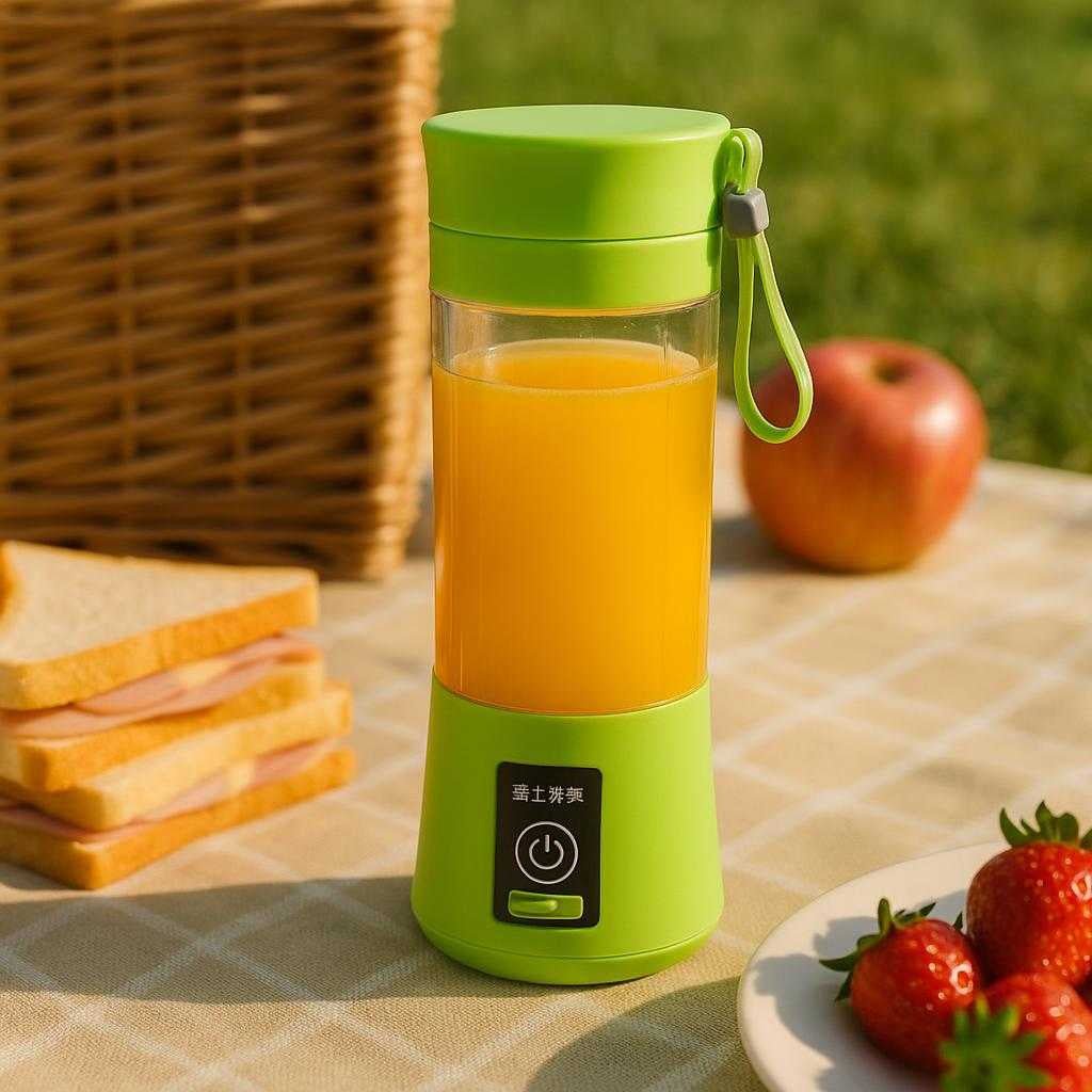 blender-bedst-i-test-kompakt-mini-blender-til-sm_15061921792387_scene2 Blender bedst i test - Kompakt Mini Blender til Smoothies og Milkshakes i Lilla, Pink, Grøn og Blå - Bærbar og Effektiv: A different realistic outdoor picnic scene where the green compact mini blender is securely positioned on a picnic blanket.