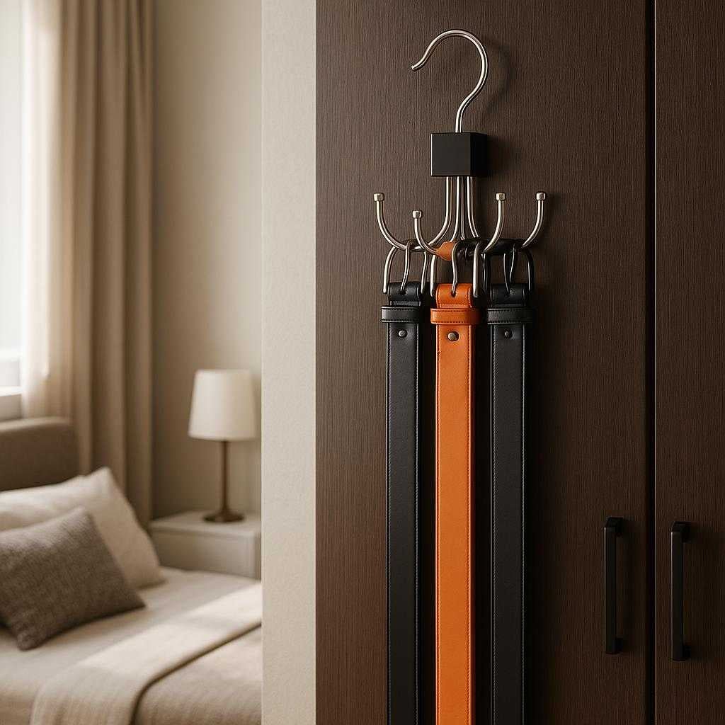 blteholder-i-metal-med-8-krom-kroge-til-garderobe-elegant-og-praktisk-design-in-a-sophisticated-bedroom-setting_15245582238083_scene2 Bælteholder i Metal med 8 Krom Kroge til Garderobe - Elegant og Praktisk Design. In a sophisticated bedroom setting, the stylish metal belt holder hangs on a wardrobe door, effortlessly displaying an array of leather belts, with soft natural light highlighting its sleek design.