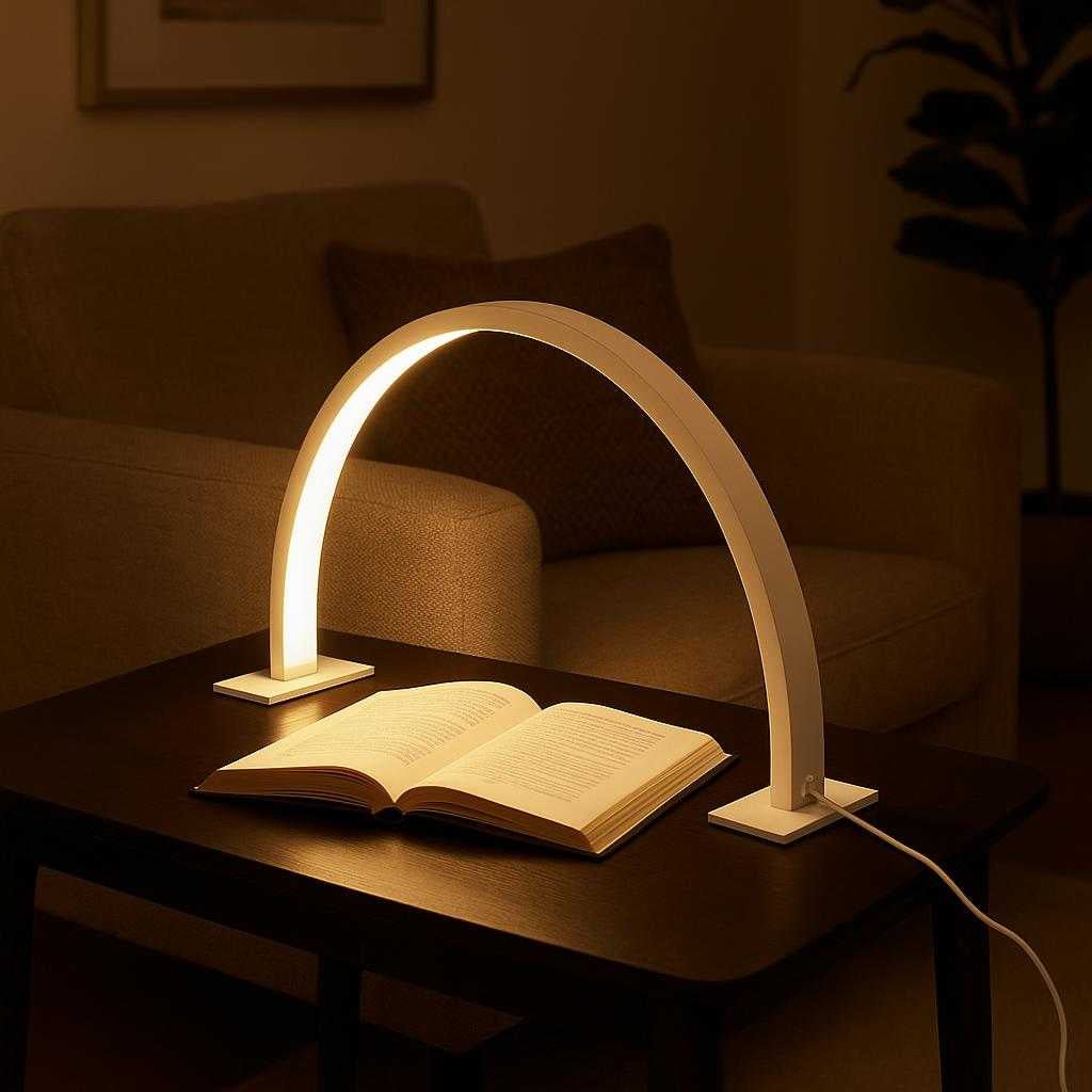 bordlampe-uden-ledning-moon-light-led-lampe-med-t_15061932409219_scene1 Bordlampe uden ledning – Moon Light LED-lampe med touch, Hvid og Lyserød: A realistic modern living room setting where the Moon Light LED-lampe is properly grounded on a sleek side table beside a cozy armchair, being naturally placed and slightly angled as if subtly illuminating a late-night book reading session.
