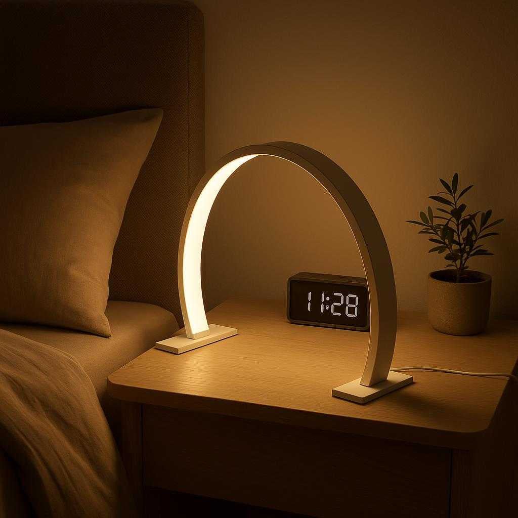 bordlampe-uden-ledning-moon-light-led-lampe-med-t_15061932409219_scene2 Bordlampe uden ledning – Moon Light LED-lampe med touch, Hvid og Lyserød: A different realistic bedroom setting where the Moon Light LED-lampe is securely positioned on a minimalist nightstand beside a stylish bed setup, being naturally placed to provide ambient lighting near a digital alarm clock and a small plant.