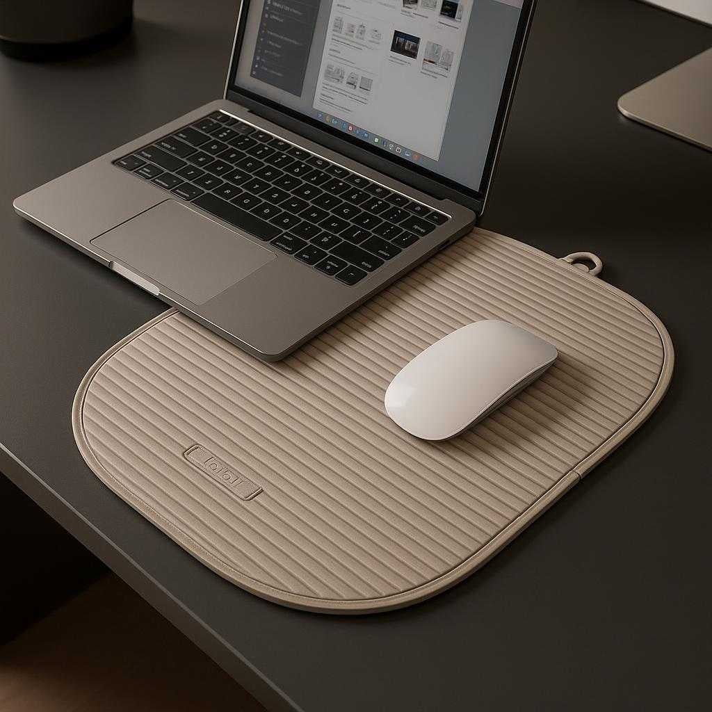 bordmtte-i-moderne-design-slidstrk-nem-at-rengre-og-med-skridsikker-overflade-the-modern-design-desk-mat_15236797497731_scene1 Bordmåtte i moderne design - slidstærk, nem at rengøre og med skridsikker overflade. The modern design desk mat is placed on a sleek office desk, under a laptop and mouse, showing its use in providing a smooth, protective surface during a busy work session.