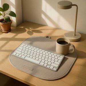 Bordmåtte i moderne design - slidstærk, nem at rengøre og med skridsikker overflade. The stylish desk mat is featured in a home office setup, providing a non-slip base for a keyboard and coffee mug, with sunlight streaming through a nearby window.